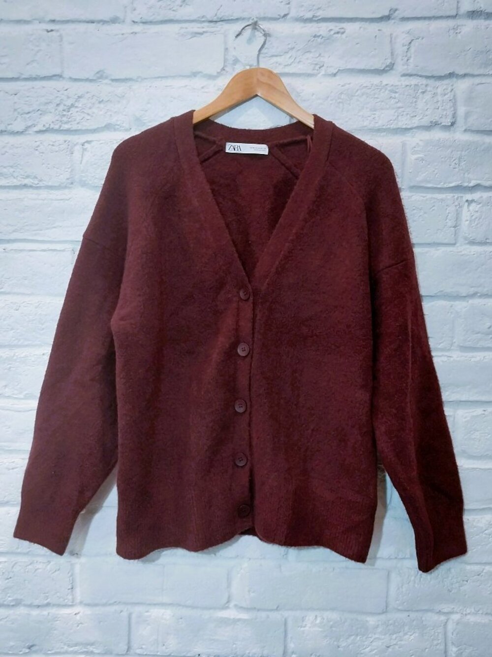 ZARA Oversized Knit Cardigan Sweater Womens M 6 Plum Burgundy Purple V Neck